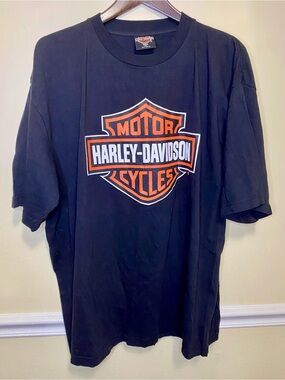 Harley-Davidson Black T-Shirt with Orange & White Bar & Shield Logo